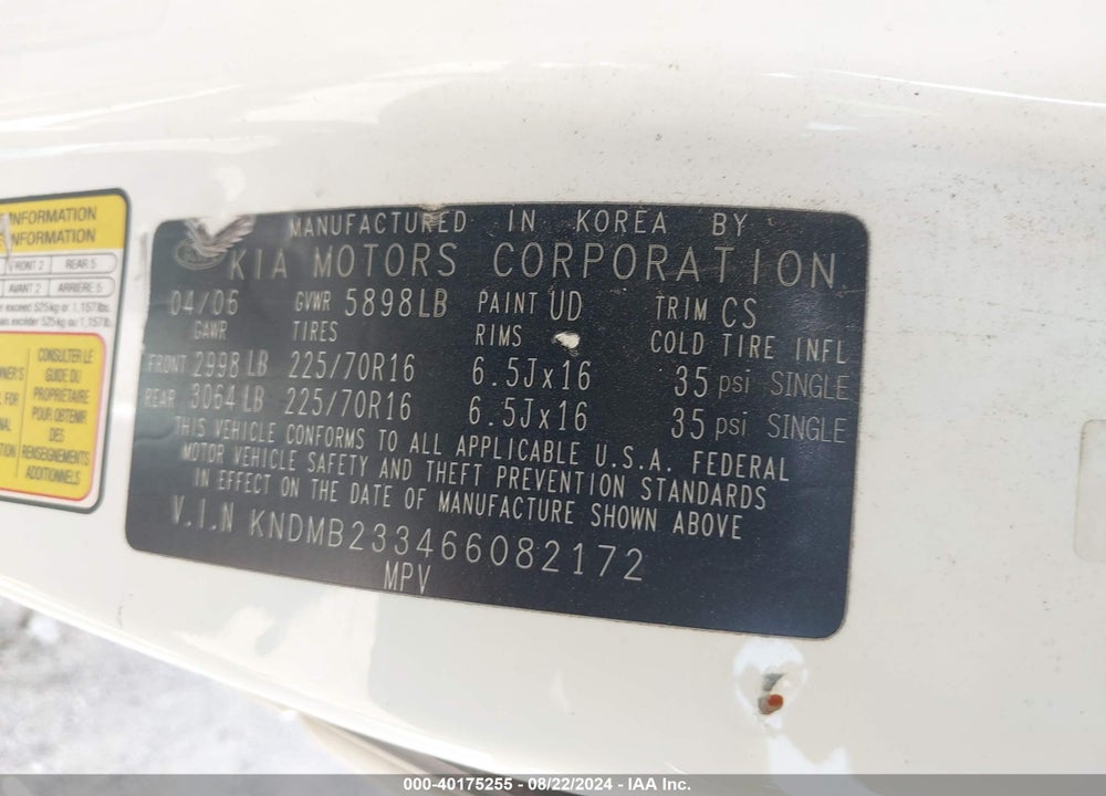2006 KIA SEDONA EX/LX VIN: KNDMB233466082172