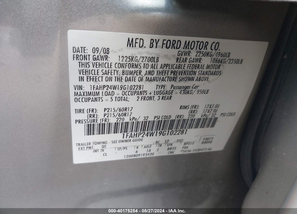 2009 FORD TAURUS SEL VIN: 1FAHP24W19G102281