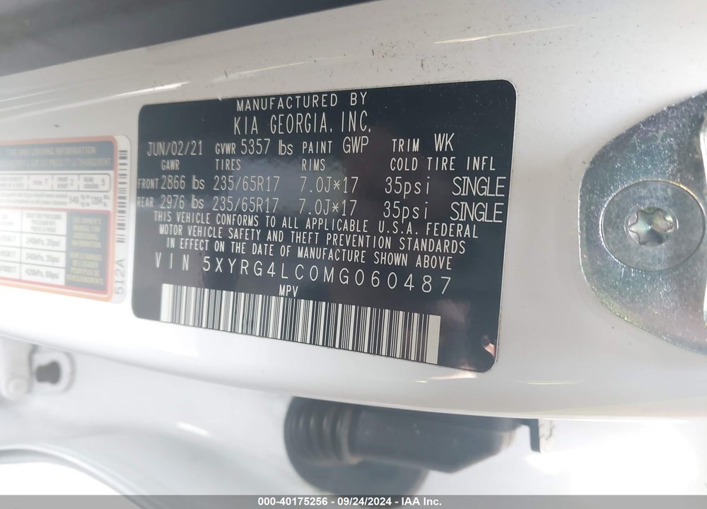 2021 KIA SORENTO VIN: 5XYRG4LC0MG060487