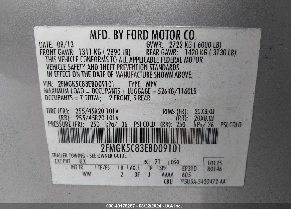 2014 FORD FLEX SEL VIN: 2FMGK5C83EBD09101