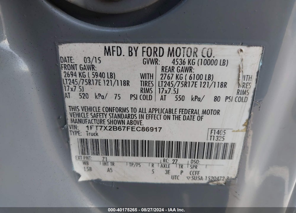 2015 FORD F-250 XL VIN: 1FT7X2B67FEC86917