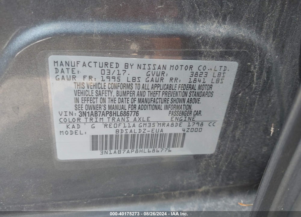 2017 NISSAN SENTRA SV VIN: 3N1AB7AP8HL686776