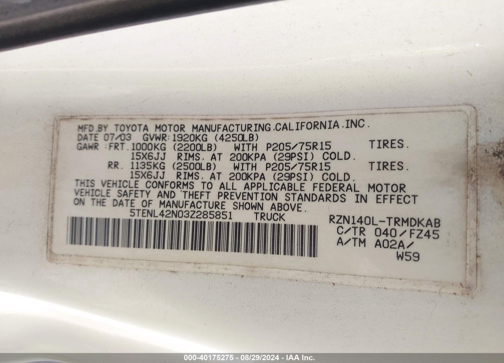 2003 TOYOTA TACOMA VIN: 5TENL42N03Z285851