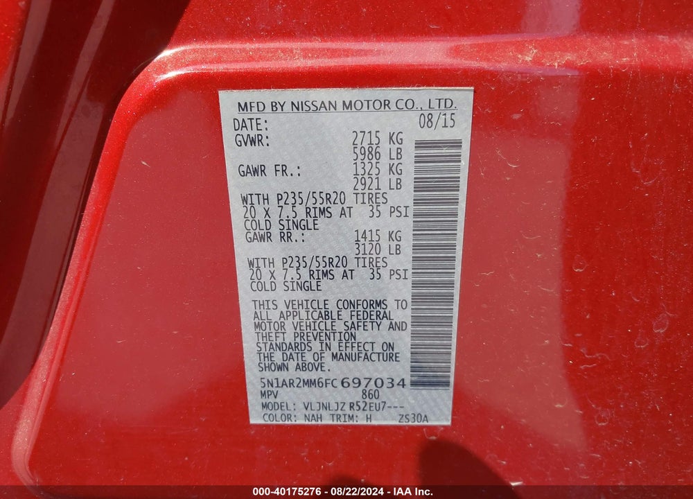 2015 NISSAN PATHFINDER PLATINUM VIN: 5N1AR2MM6FC697034