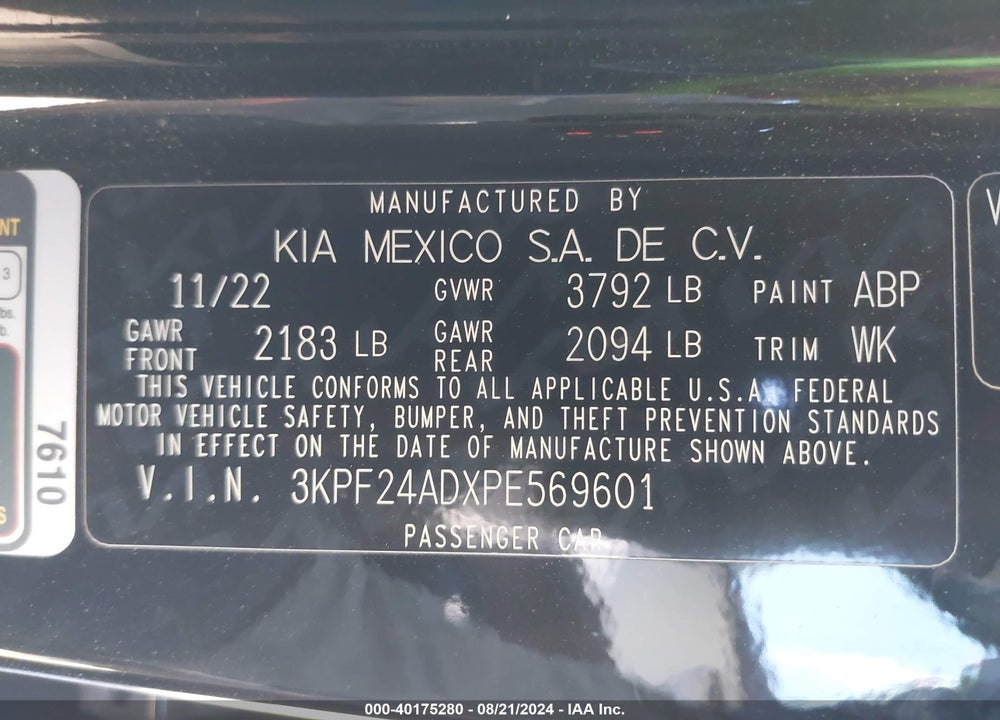 2023 KIA FORTE LXS VIN: 3KPF24ADXPE569601