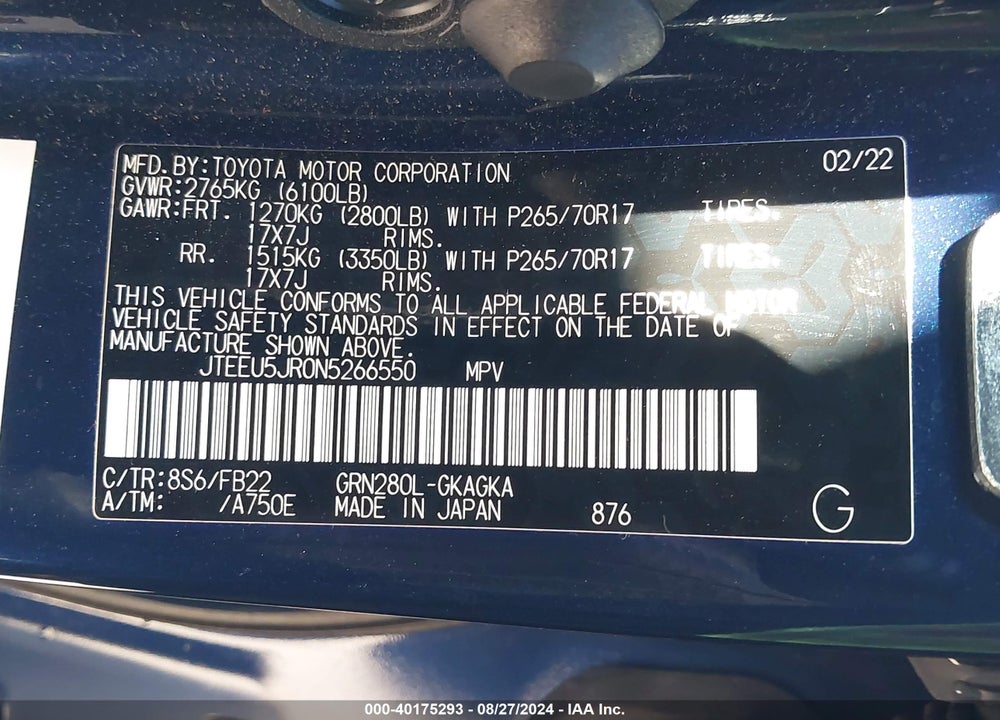 2022 TOYOTA 4RUNNER SR5 VIN: JTEEU5JR0N5266550