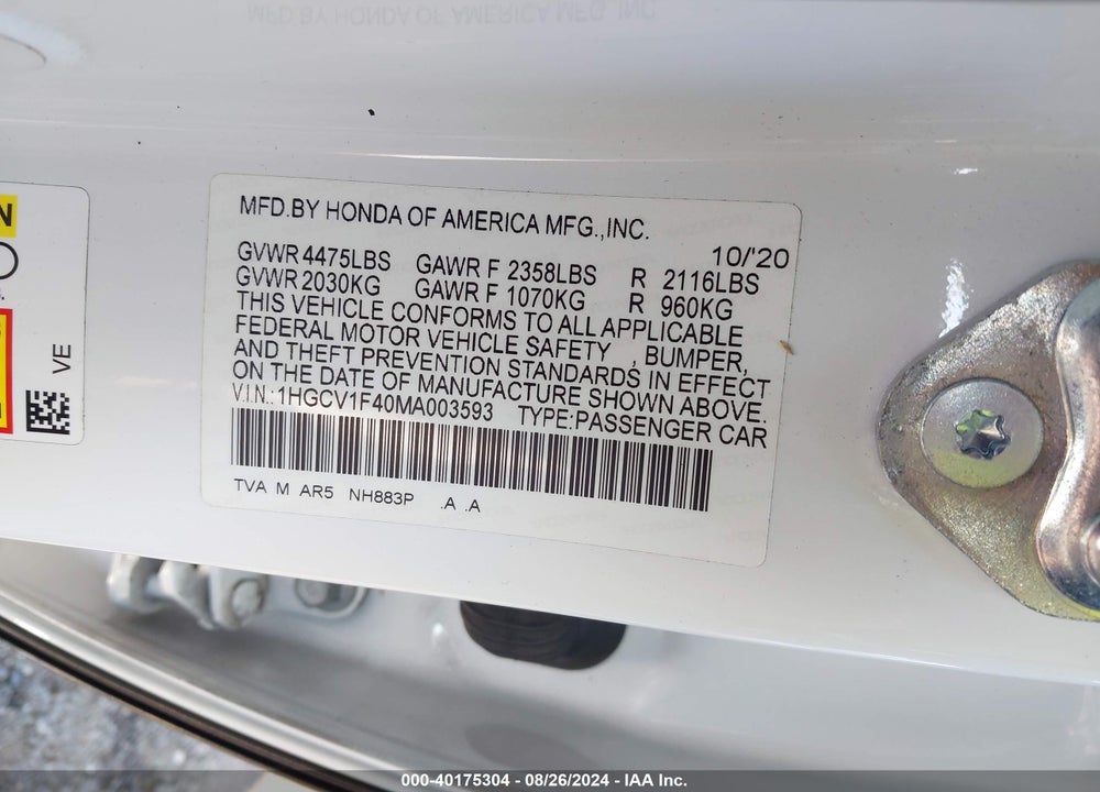 2021 HONDA ACCORD SPORT SPECIAL EDITION VIN: 1HGCV1F40MA003593