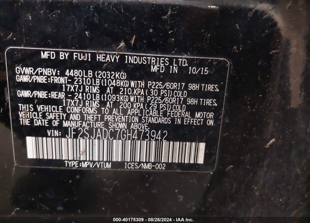2016 SUBARU FORESTER 2.5I PREMIUM VIN: JF2SJADC7GH473942
