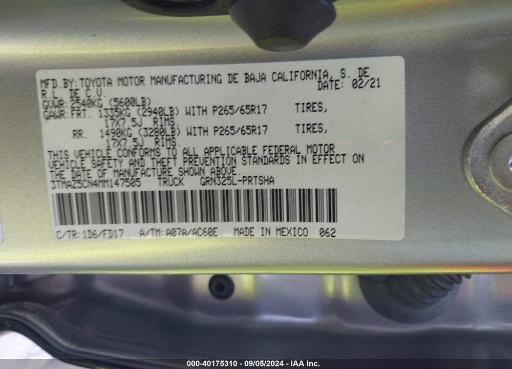 2021 TOYOTA TACOMA TRD SPORT VIN: 3TMAZ5CN4MM147505