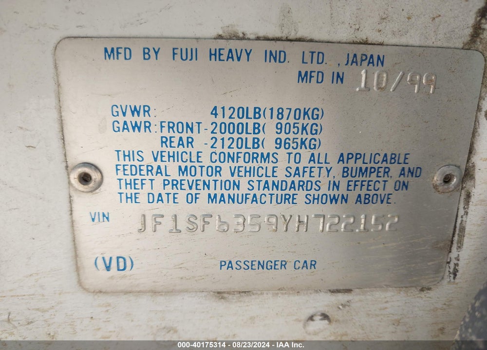 2000 SUBARU FORESTER L VIN: JF1SF6359YH722152