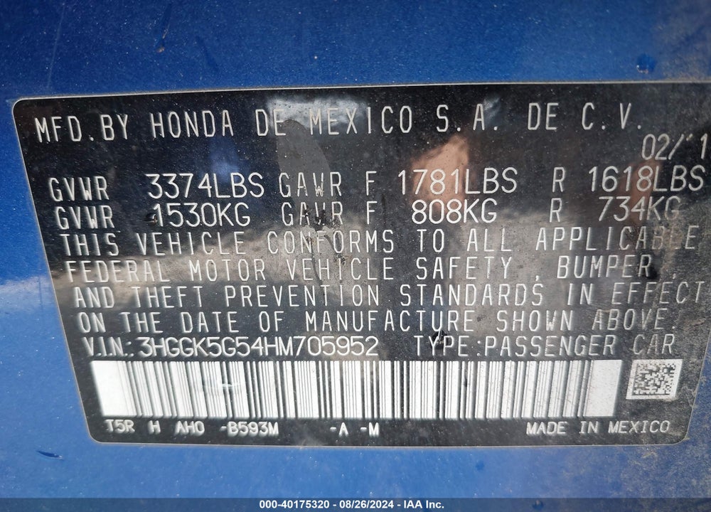 2017 HONDA FIT LX VIN: 3HGGK5G54HM705952