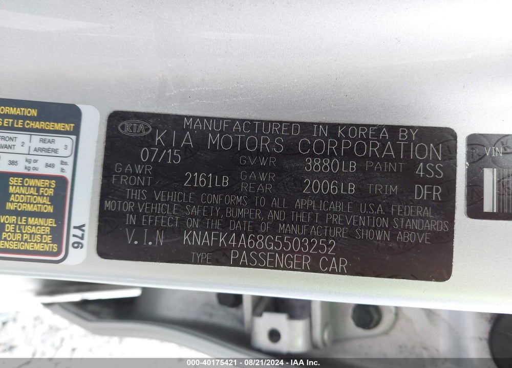 2016 KIA FORTE LX VIN: KNAFK4A68G5503252