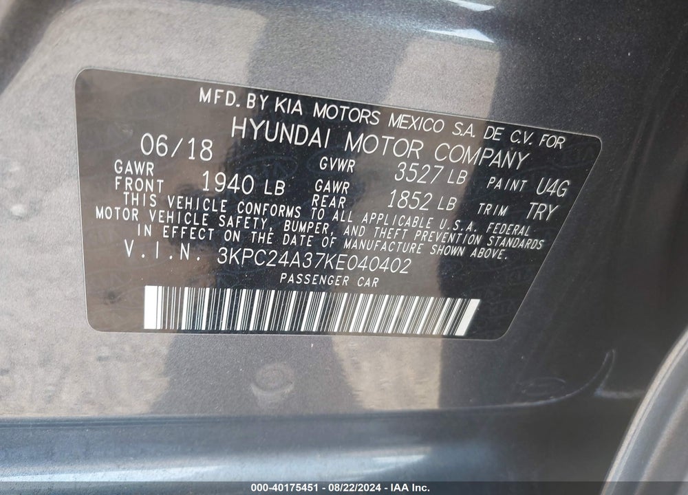 2019 HYUNDAI ACCENT SE VIN: 3KPC24A37KE040402