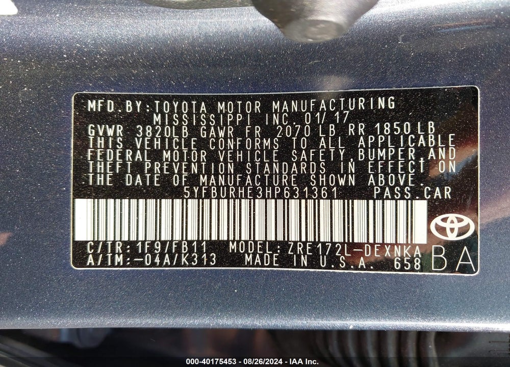 2017 TOYOTA COROLLA LE VIN: 5YFBURHE3HP631361
