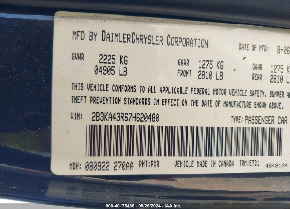 2007 DODGE CHARGER VIN: 2B3KA43R67H620480