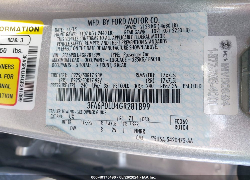 2016 FORD FUSION HYBRID SE VIN: 3FA6P0LU4GR281899