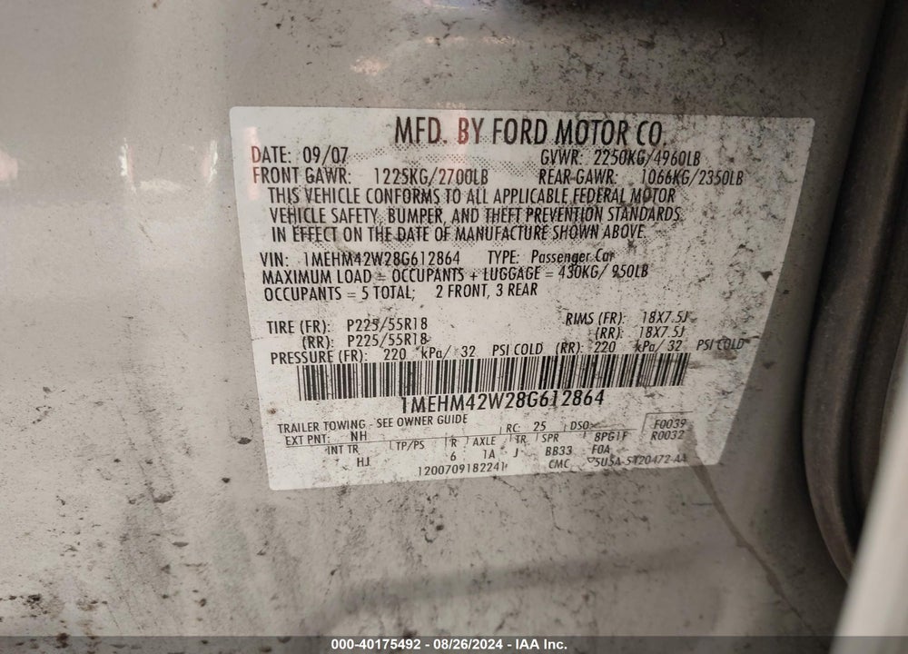 2008 MERCURY SABLE PREMIER VIN: 1MEHM42W28G612864