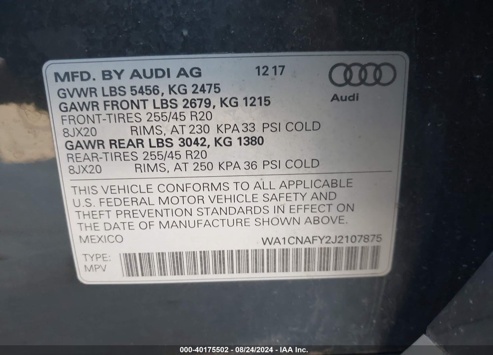 2018 AUDI Q5 2.0T PREMIUM/2.0T TECH PREMIUM VIN: WA1CNAFY2J2107875