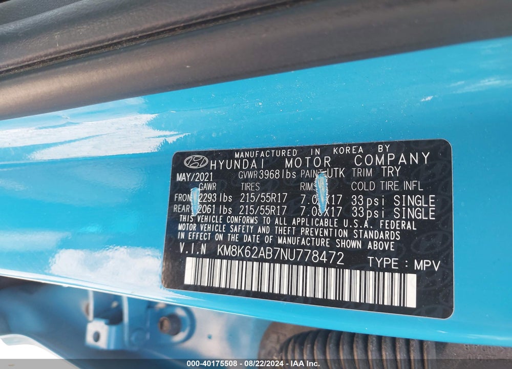 2022 HYUNDAI KONA SEL VIN: KM8K62AB7NU778472