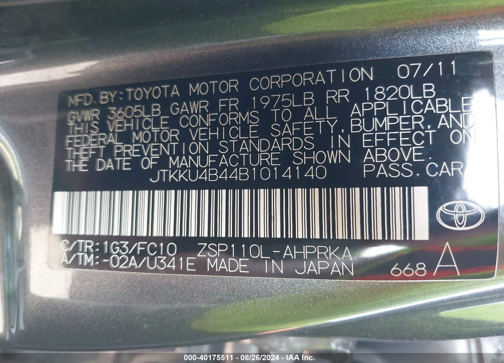 2011 SCION XD VIN: JTKKU4B44B1014140
