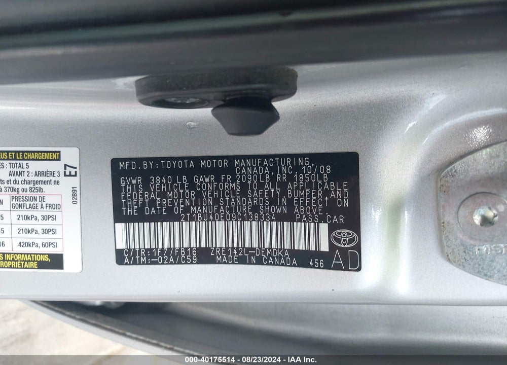 2009 TOYOTA COROLLA VIN: 2T1BU40E09C138334