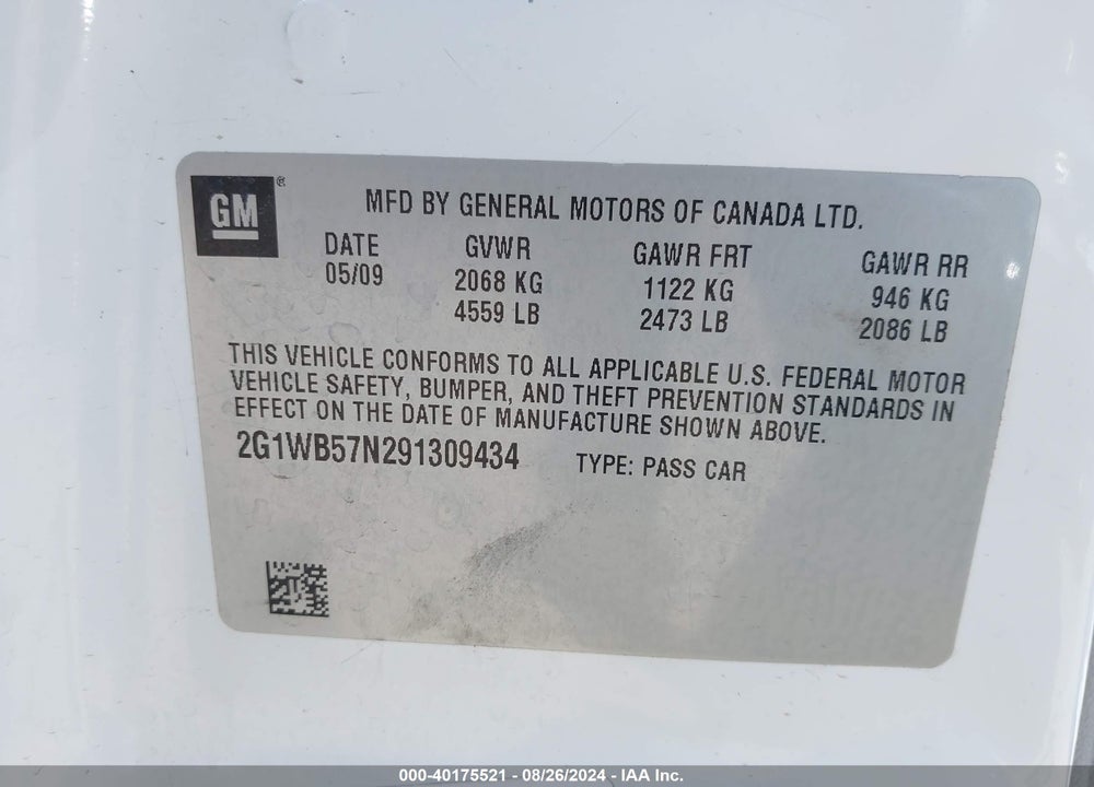 2009 CHEVROLET IMPALA LS VIN: 2G1WB57N291309434