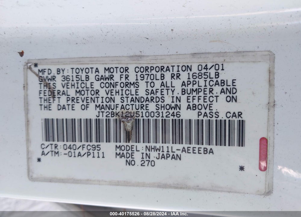 2001 TOYOTA PRIUS VIN: JT2BK12U510031246