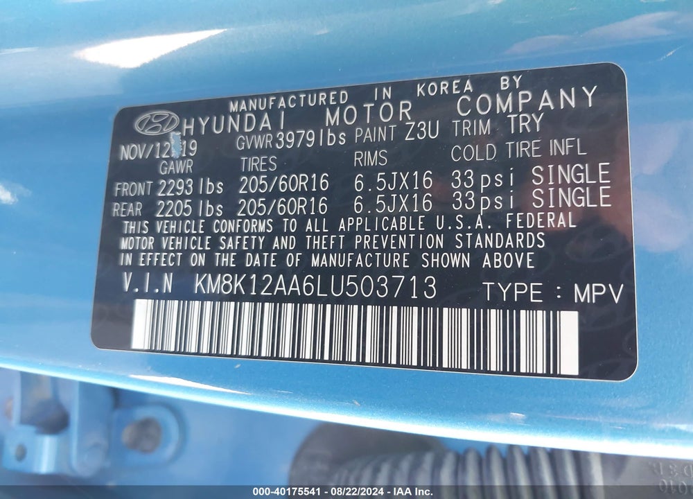 2020 HYUNDAI KONA SE VIN: KM8K12AA6LU503713