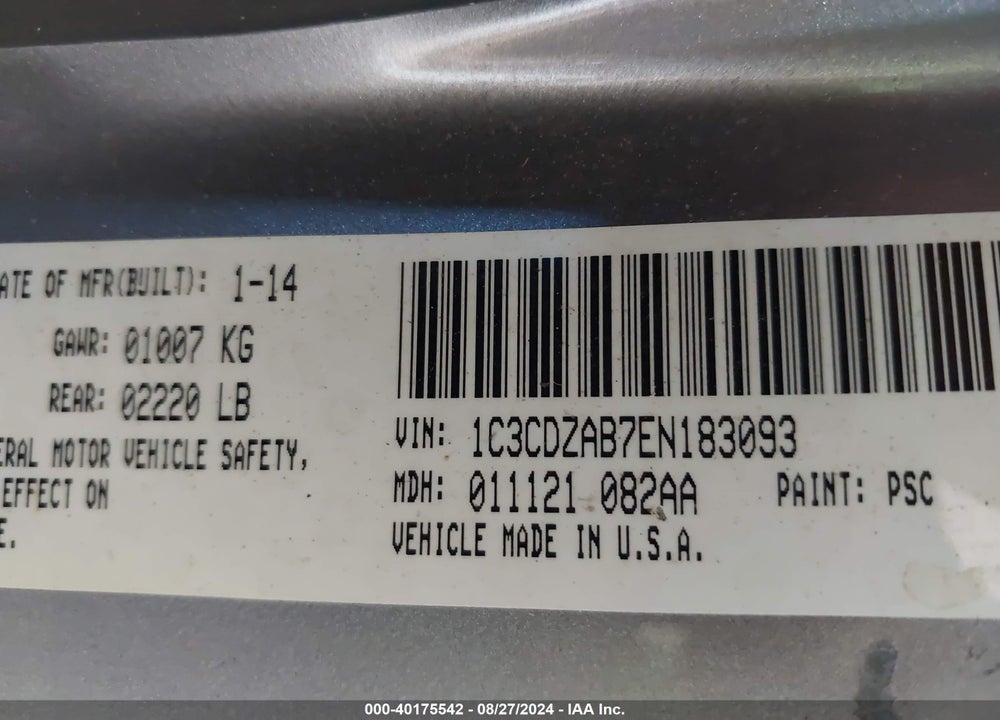 2014 DODGE AVENGER SE VIN: 1C3CDZAB7EN183093