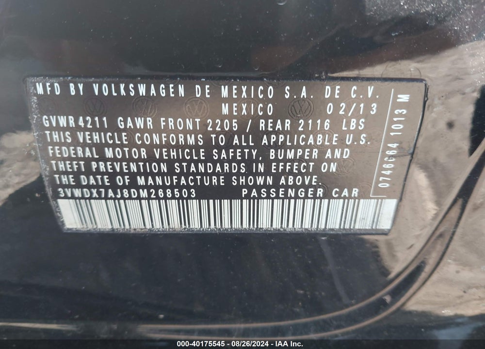 2013 VOLKSWAGEN JETTA 2.5L SE VIN: 3VWDX7AJ8DM268503