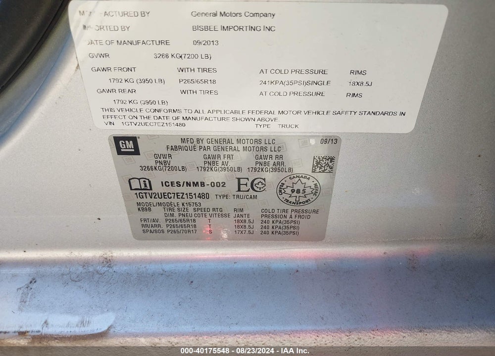 2014 GMC SIERRA 1500 SLE VIN: 1GTV2UEC7EZ151480