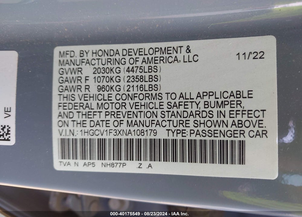 2022 HONDA ACCORD SPORT VIN: 1HGCV1F3XNA108179