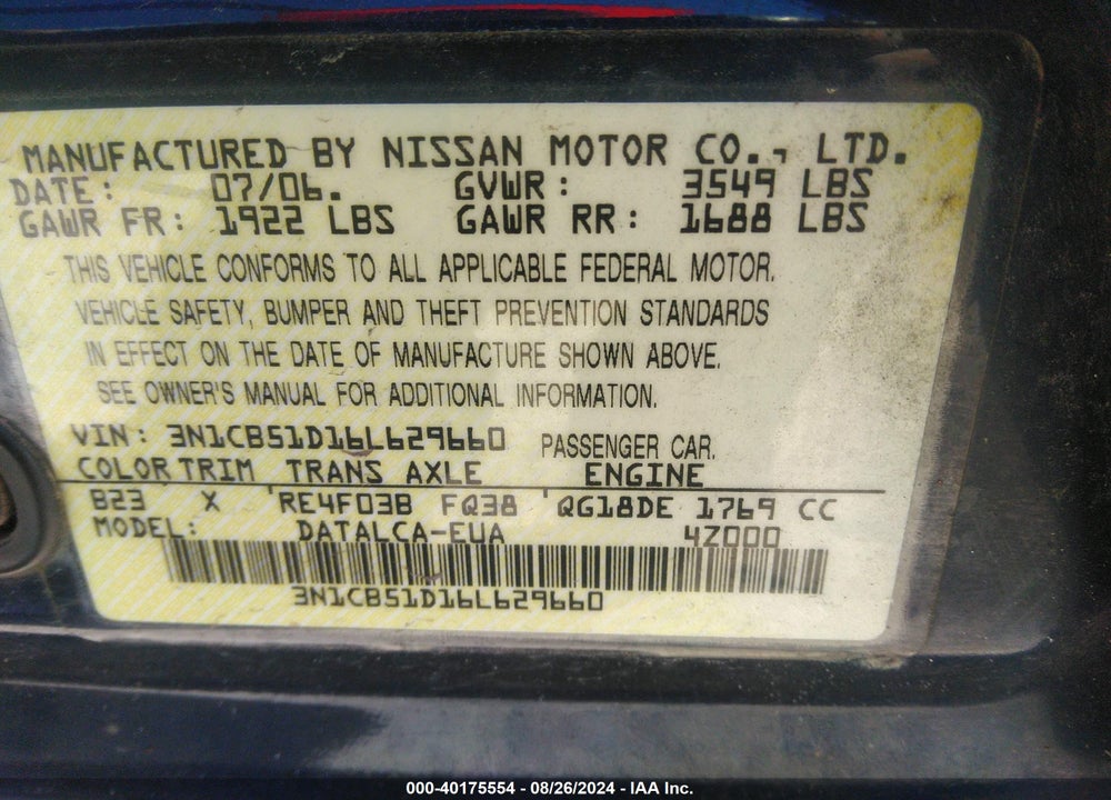 2006 NISSAN SENTRA 1.8 VIN: 3N1CB51D16L629660