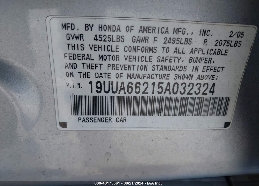 2005 ACURA TL VIN: 19UUA66215A032324