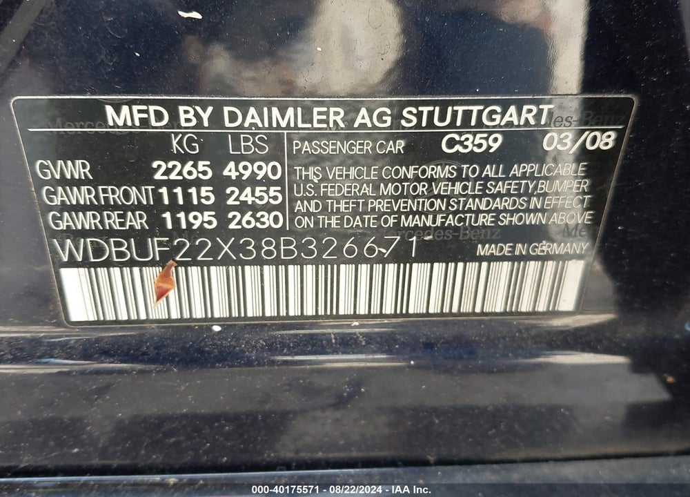 2008 MERCEDES-BENZ E 320 BLUETEC VIN: WDBUF22X38B326671