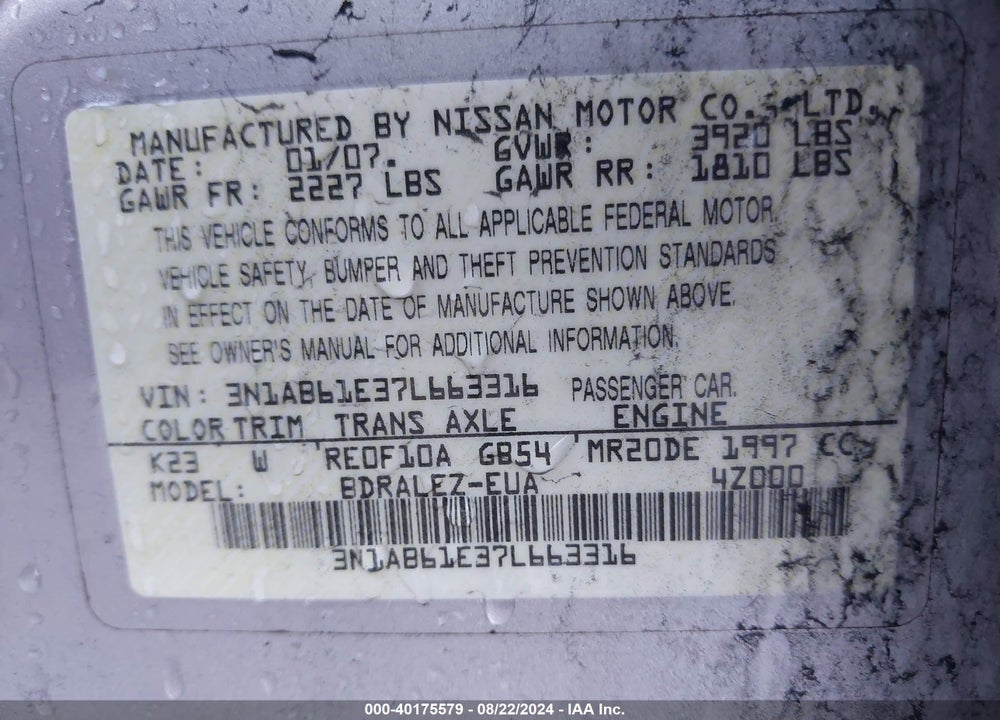 2007 NISSAN SENTRA 2.0S VIN: 3N1AB61E37L663316