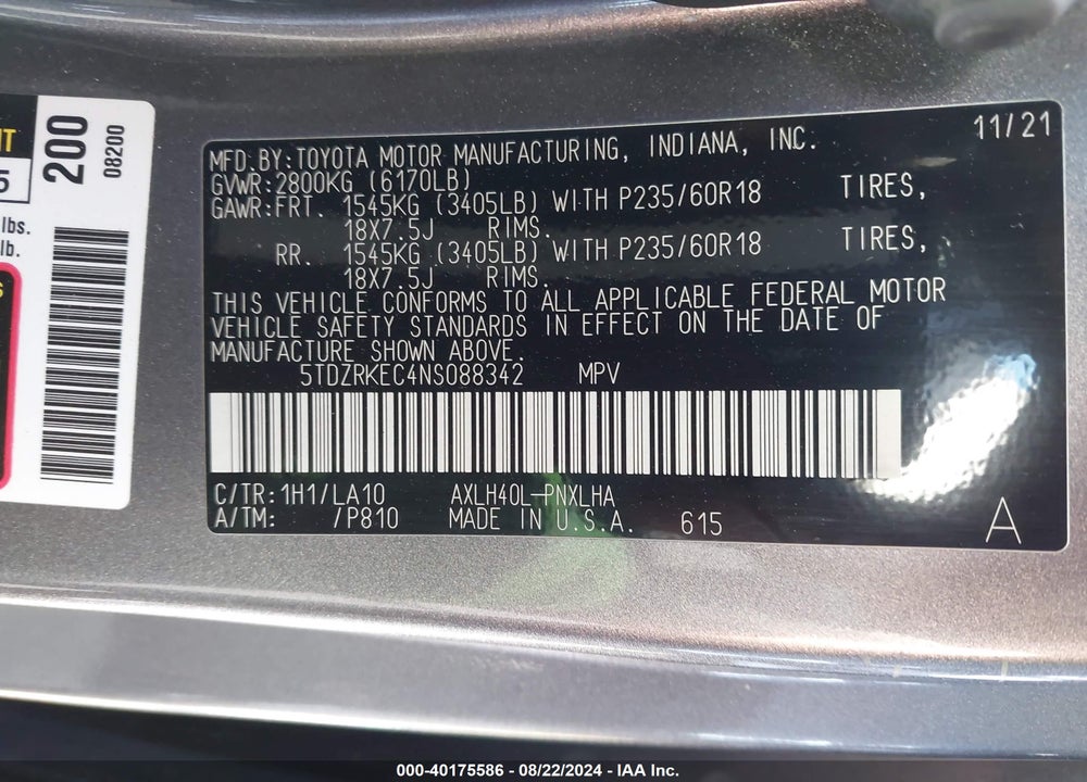 2022 TOYOTA SIENNA LIMITED VIN: 5TDZRKEC4NS088342