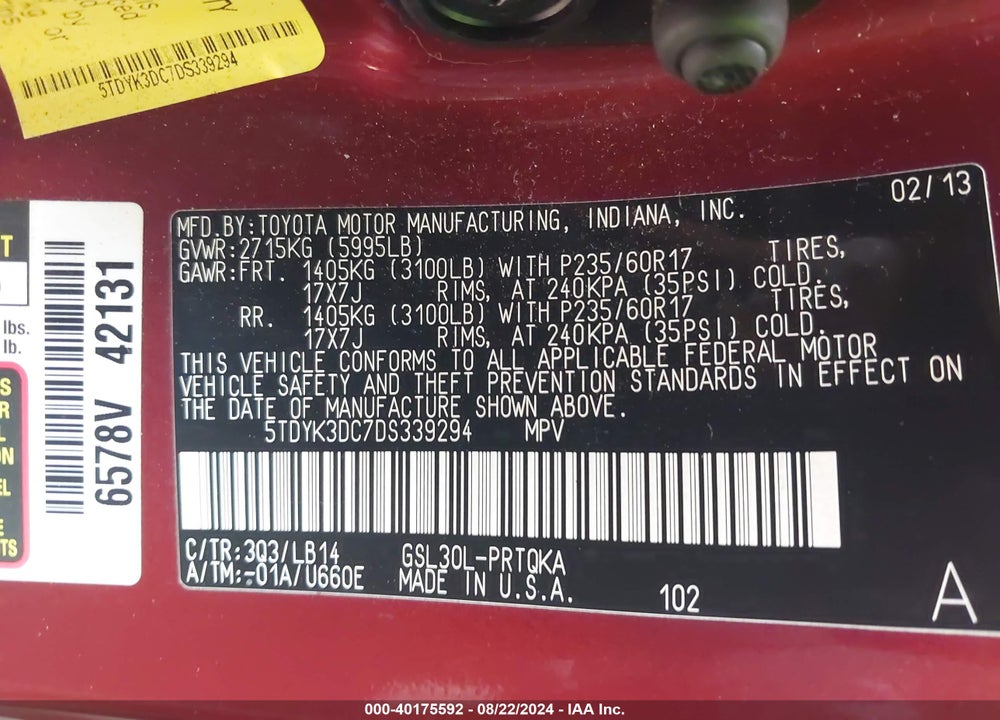 2013 TOYOTA SIENNA XLE V6 8 PASSENGER VIN: 5TDYK3DC7DS339294