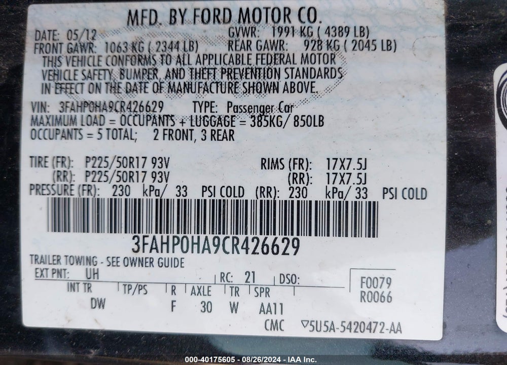 2012 FORD FUSION SE VIN: 3FAHP0HA9CR426629