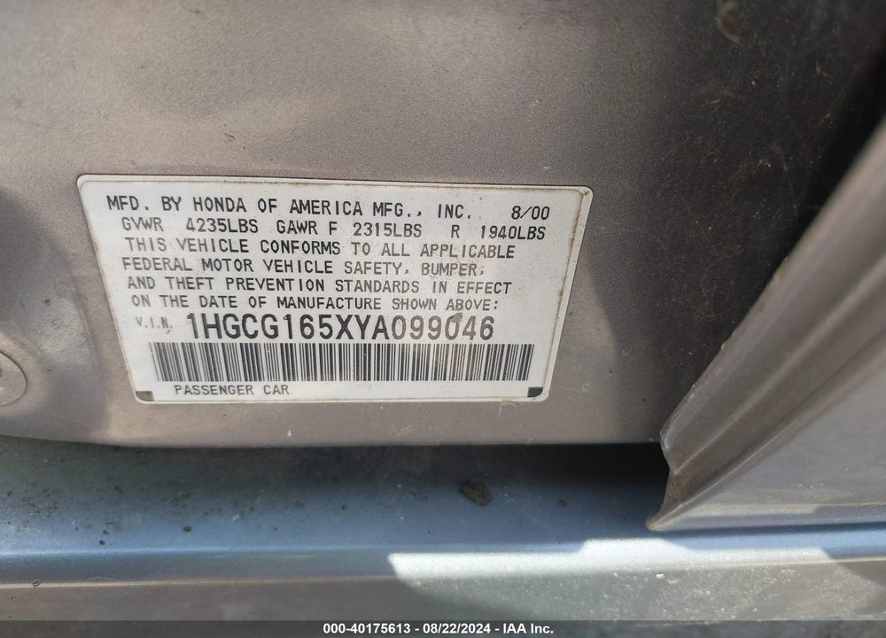 2000 HONDA ACCORD 3.0 EX VIN: 1HGCG165XYA099046