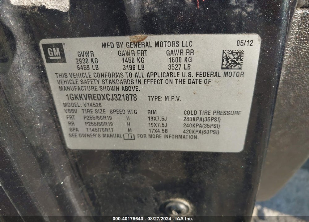 2012 GMC ACADIA SLT-1 VIN: 1GKKVREDXCJ321878