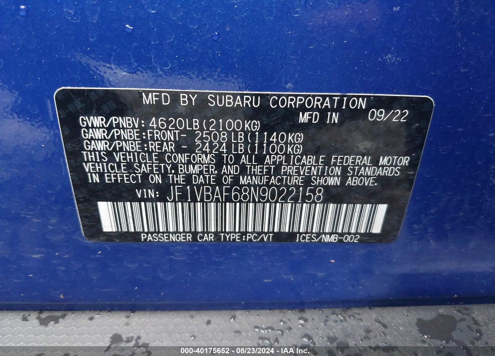 2022 SUBARU WRX VIN: JF1VBAF68N9022158