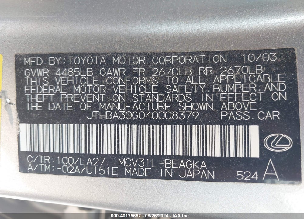 2004 LEXUS ES 330 VIN: JTHBA30G040008379