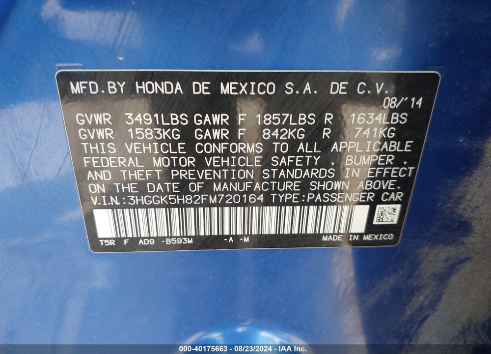 2015 HONDA FIT EX/EX-L VIN: 3HGGK5H82FM720164