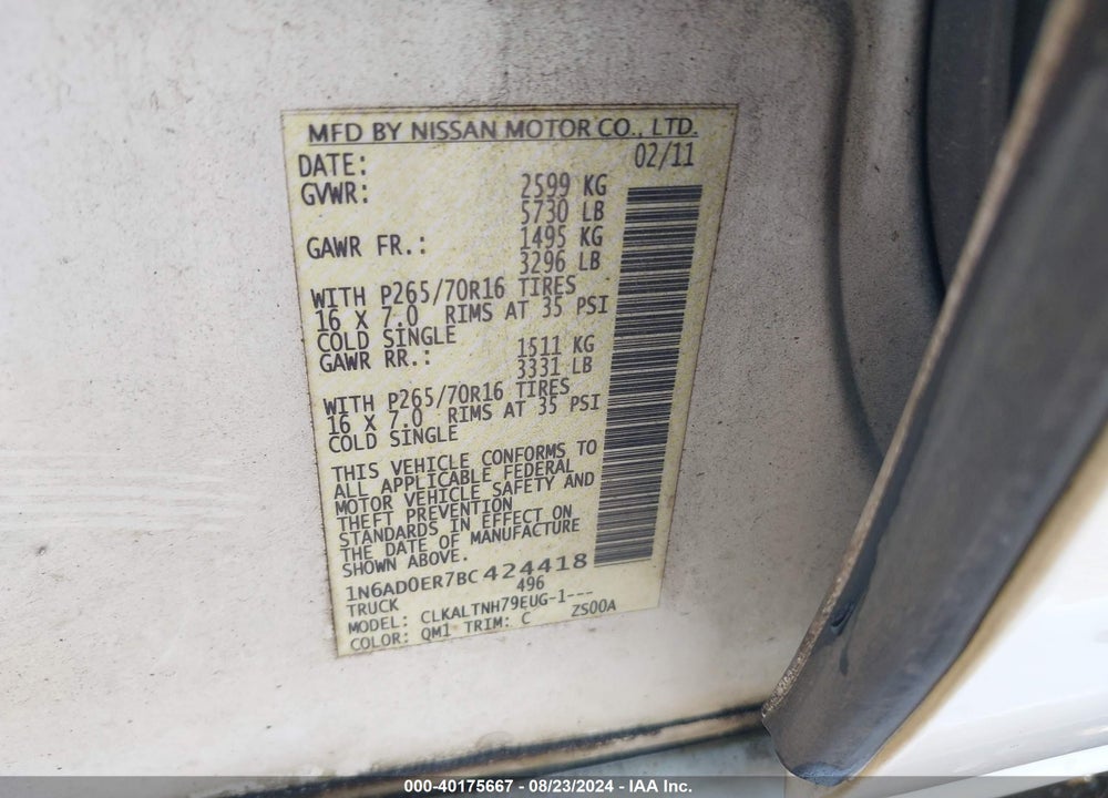 2011 NISSAN FRONTIER SV VIN: 1N6AD0ER7BC424418