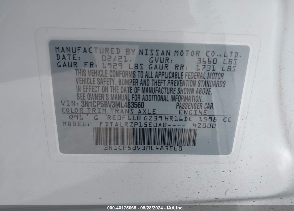 2021 NISSAN KICKS S XTRONIC CVT VIN: 3N1CP5BV3ML483560