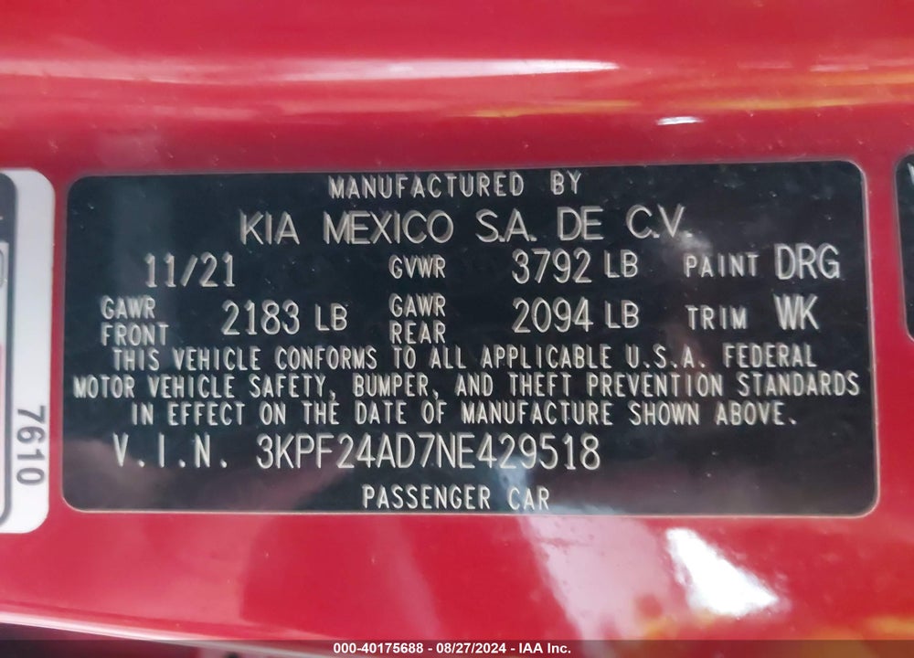 2022 KIA FORTE LXS VIN: 3KPF24AD7NE429518