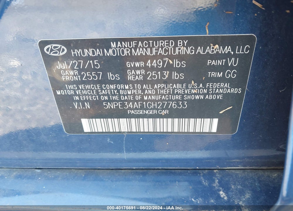 2016 HYUNDAI SONATA SPORT VIN: 5NPE34AF1GH277633