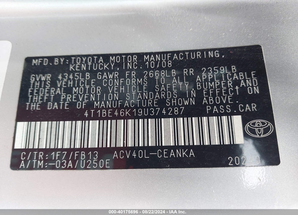 2009 TOYOTA CAMRY LE VIN: 4T1BE46K19U374287