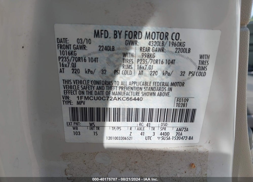 2010 FORD ESCAPE XLS VIN: 1FMCU0C72AKC66440